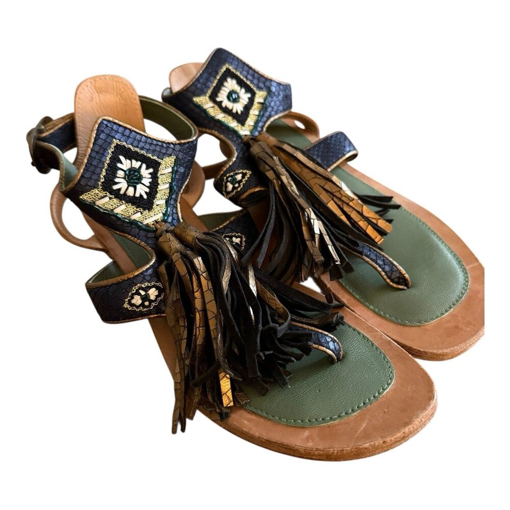 Meher Kakalia Sofia Thong Sandal Sz EU 38 US 7 Leather Tassel Embellished Beaded